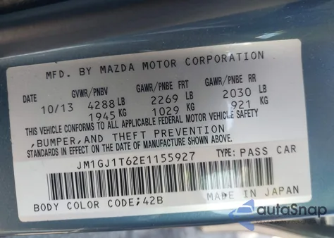 2014 Mazda Mazda6 I Touring z USA, uszkodzony, nr VIN JM1GJ1T62E1155927